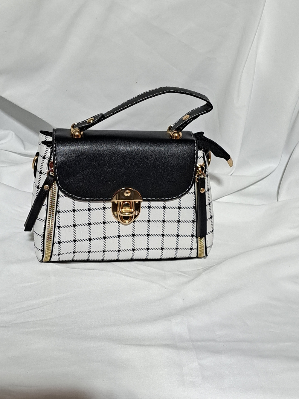 Plaid Black and White Top-Handle Satchel with Charm - Picture 2 of 16